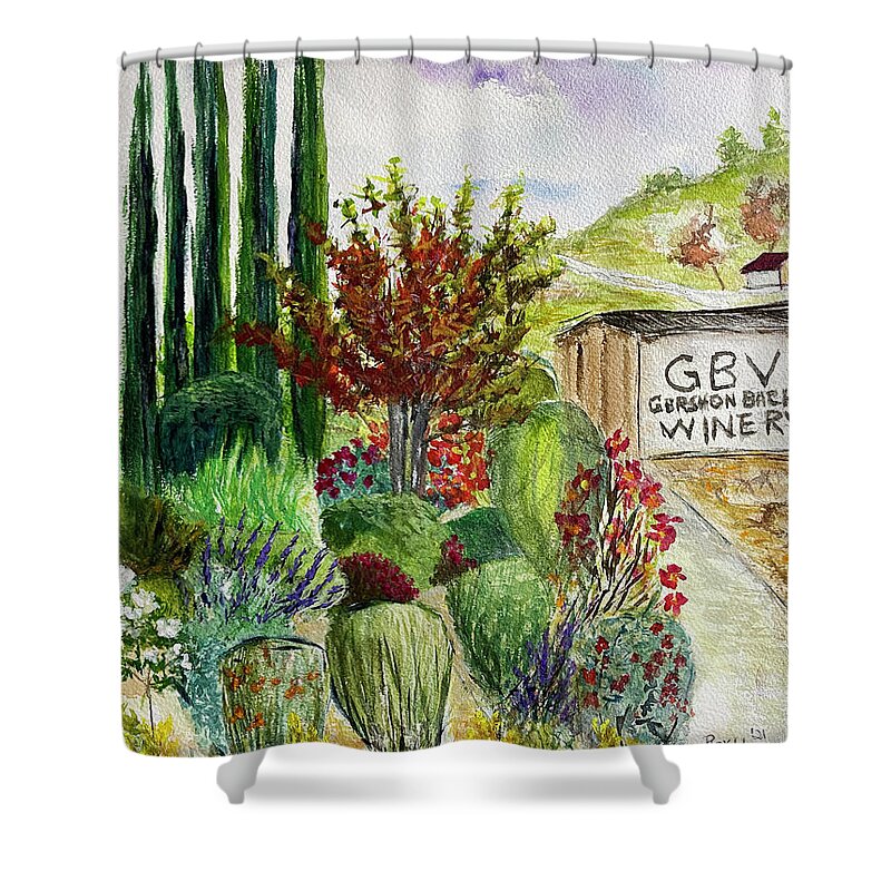 Gershon Bachus Vintners Shower Curtain featuring the painting Hill to the Barrel Room at GBV by Roxy Rich