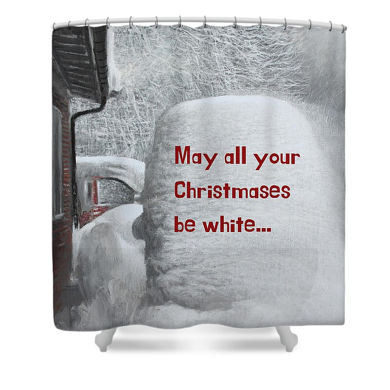 Hippie Van Shower Curtain featuring the painting Hippie Van in Snow - Christmas card version by Hans Egil Saele