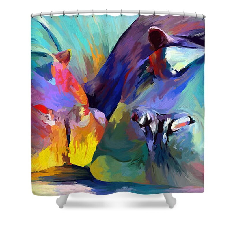 Hippo Shower Curtain featuring the mixed media Hippo Love by Ann Leech