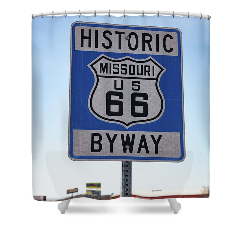 Historic Route 66 Missouri Sign Shower Curtain featuring the photograph Historic Route 66 Missouri Byway road sign by Eldon McGraw