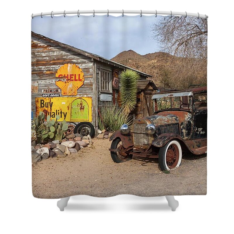 Arizona Shower Curtain featuring the photograph Historic Route 66 - Old Car and Shed by Liza Eckardt