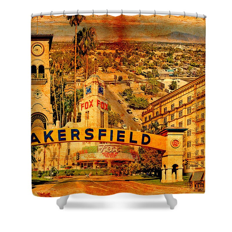 Bakersfield Shower Curtain featuring the digital art Historical buildings of Bakersfield, California, blended on old paper by Nicko Prints