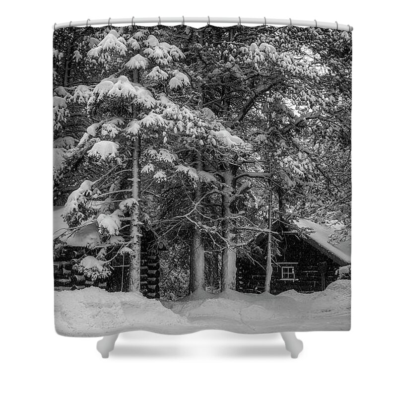 Snow Shower Curtain featuring the photograph Historical Log Cabins Covered of Snow, Banff National Park, Alberta, Canada. by Yves Gagnon