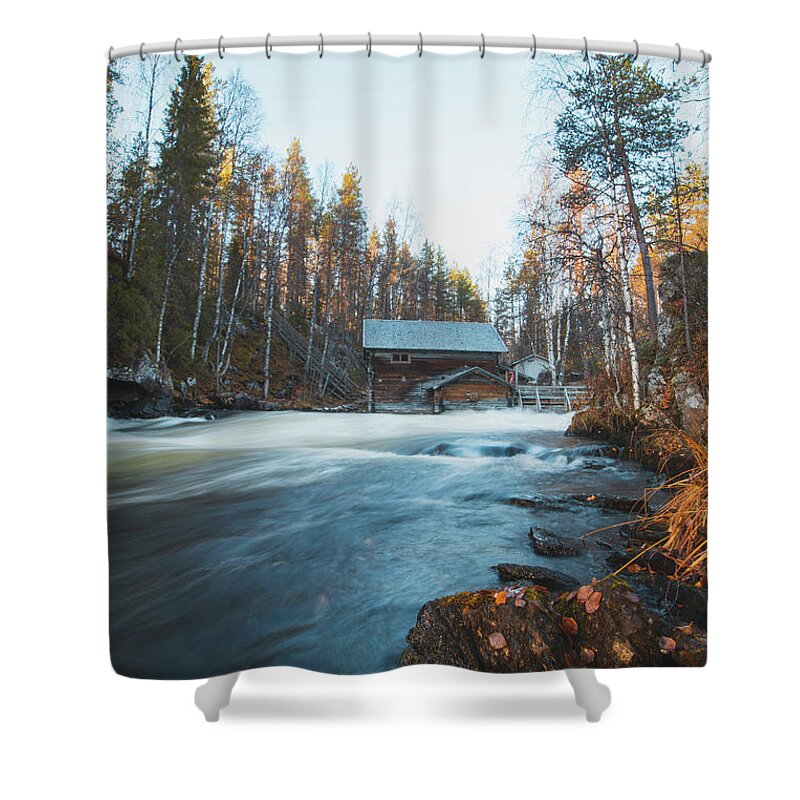 Grist Mill Shower Curtain featuring the photograph Historical wooden mill in the autumn season by Vaclav Sonnek