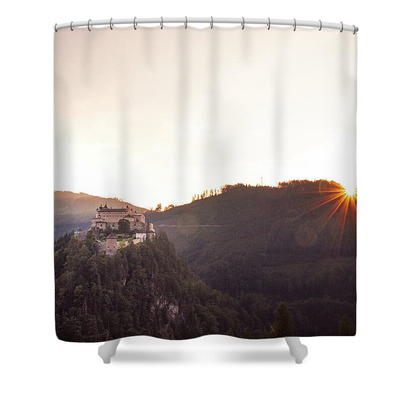 Reconstruction Shower Curtain featuring the photograph Hohenwerfen Castle at sunset by Vaclav Sonnek