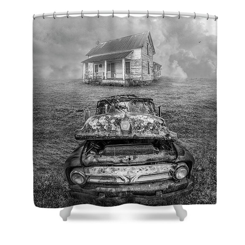 Truck Shower Curtain featuring the photograph Holding On Black and White by Debra and Dave Vanderlaan
