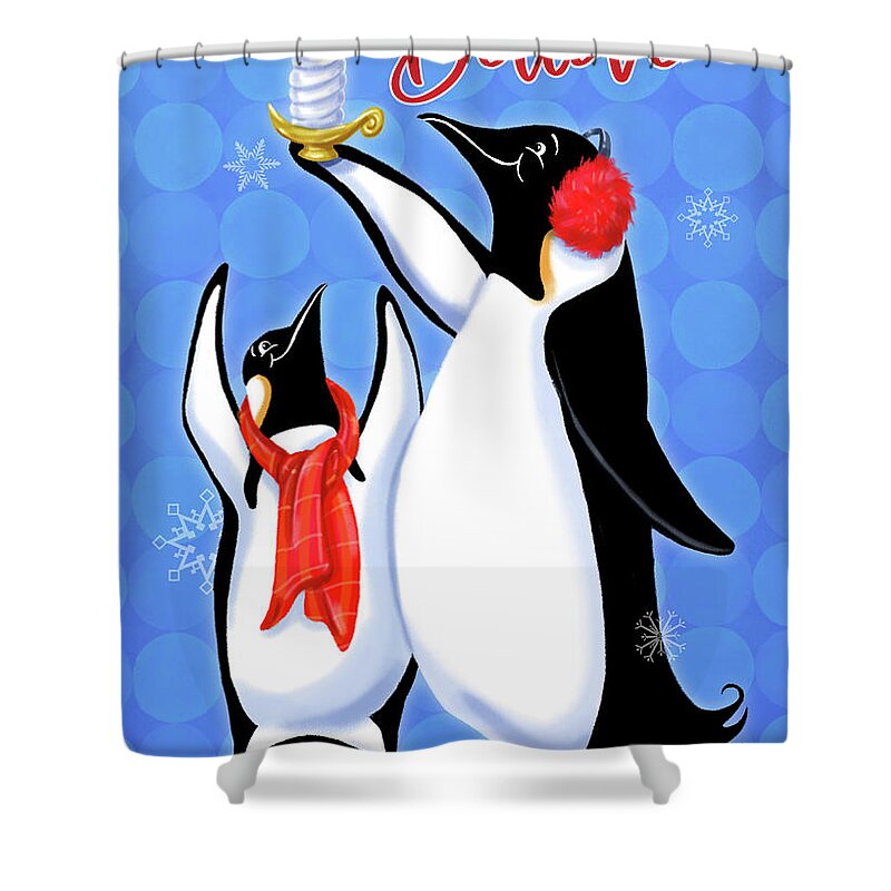 Christmas Shower Curtain featuring the mixed media Holiday Penguins-Believe by Shari Warren