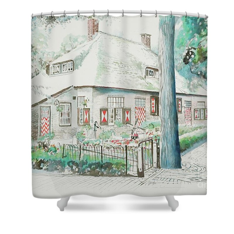 #holland #house #hollandhouse #watercolor #watercolorpainting #strawroof #traditionalhome #glenneff #thesoundpoetsmusic #picturerockstudio #dutch #dutchhouse Shower Curtain featuring the painting Holland House by Glen Neff