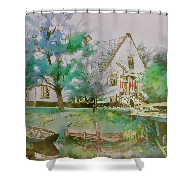 #holland #canal #tranquil #hollandtranquilcanal #watercolor #watercolorpainting #countryhouse #boats #trees #trees #glenneff $thesoundpoetsmusic #picturerockstudio #onlocationpainting Shower Curtain featuring the painting Holland Tranquil Canal by Glen Neff