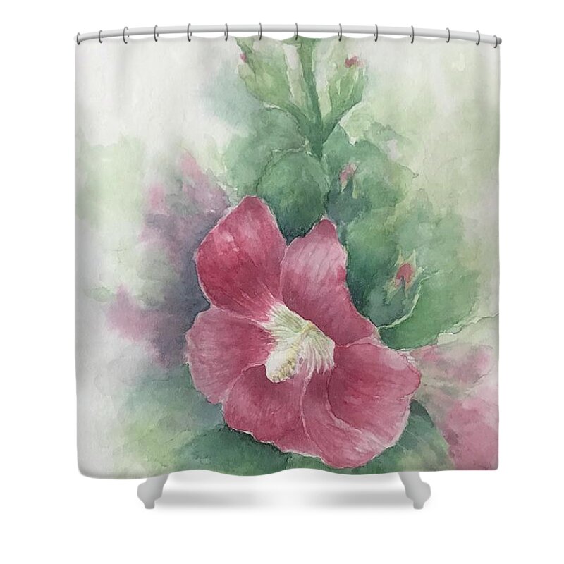 Hollyhocks Shower Curtain featuring the painting Hollyhocks by Milly Tseng