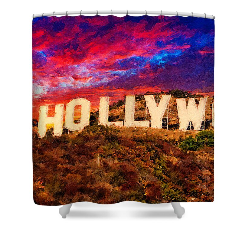 Hollywood Shower Curtain featuring the digital art Hollywood sign in the sunset light with a dramatic sky - digital painting by Nicko Prints