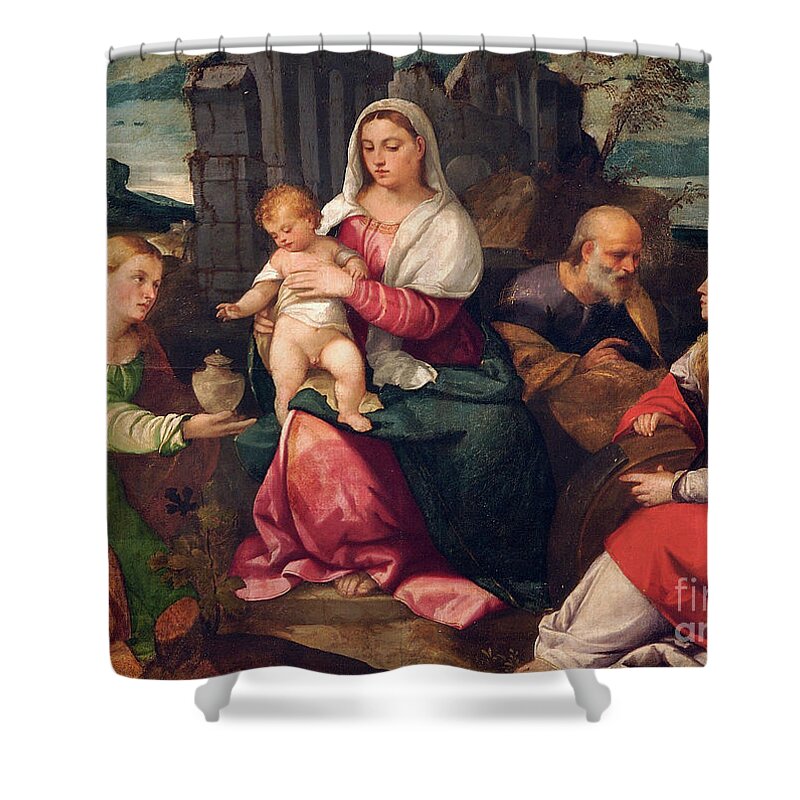 Holy Family With Mary Magdalene And St Catherine Shower Curtain featuring the painting Holy Family with Mary Magdalene and St Catherine by Bonifazio Veronese