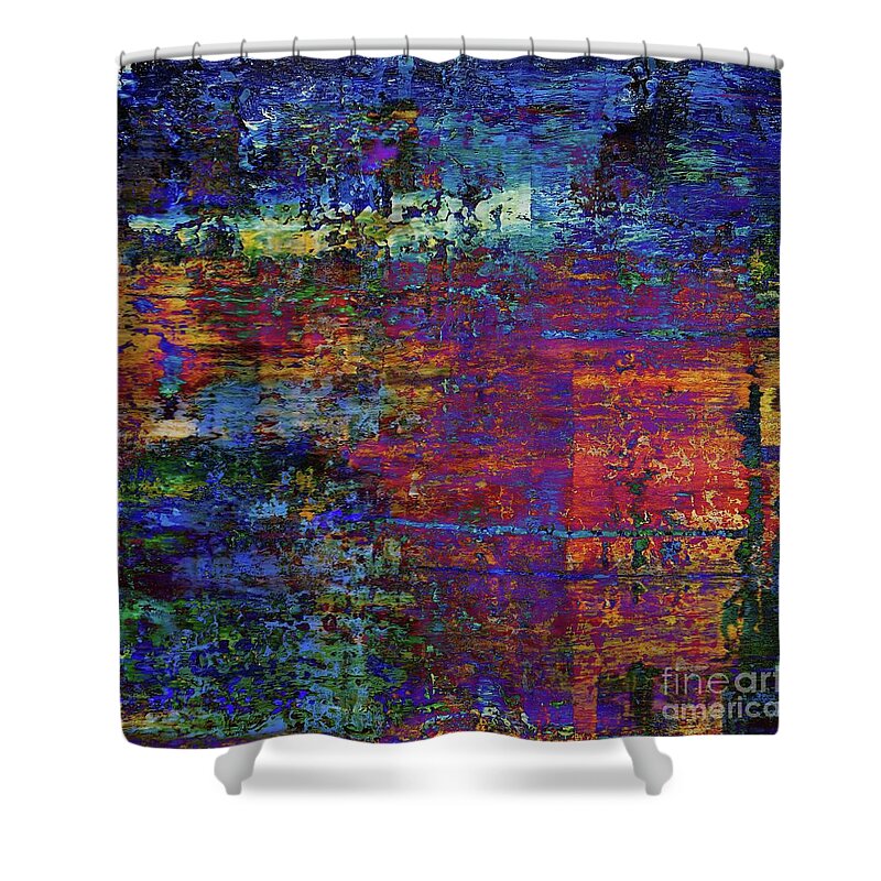 Abstract Landscape Shower Curtain featuring the painting Homage to Gerhard Richter. Blue purple abstract painting. by Green Palace