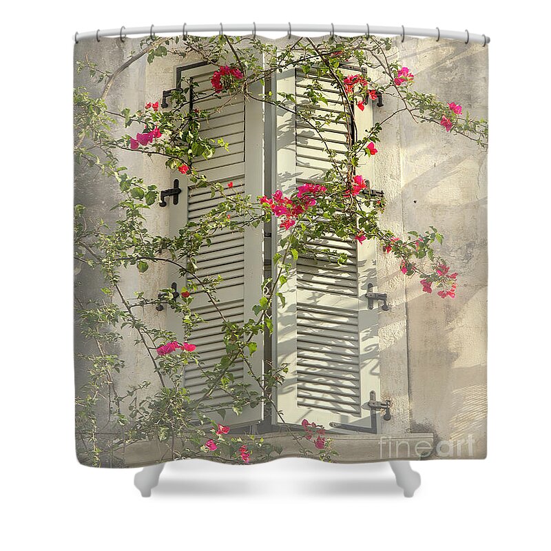 Home Sweet Window Shatters Flowers Soft Delicate Gentle Pleasing Impressionistic Impressions Impressionism Attractive Allure Atmospheric Uplifting Conceptual Charismatic Dreams Growing Flowering Peace Peaceful Tranquil Tranquility Restful Relaxing Relaxation Painterly Artistic Pastel Watercolor Art Old Smart Thought Provoking Thoughtful Haven House Poetic Magical Sunny Day Afternoon Foggy Misty Touching Life-style Half-opened Greece Corfu Greek Inspirational Spiritual Lightness Sun Highlights Shower Curtain featuring the photograph Home Sweet Home,warm Andtender by Tatiana Bogracheva