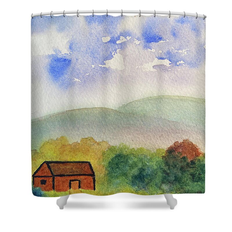 Berkshires Shower Curtain featuring the painting Home Tucked Into Hill by Anne Katzeff