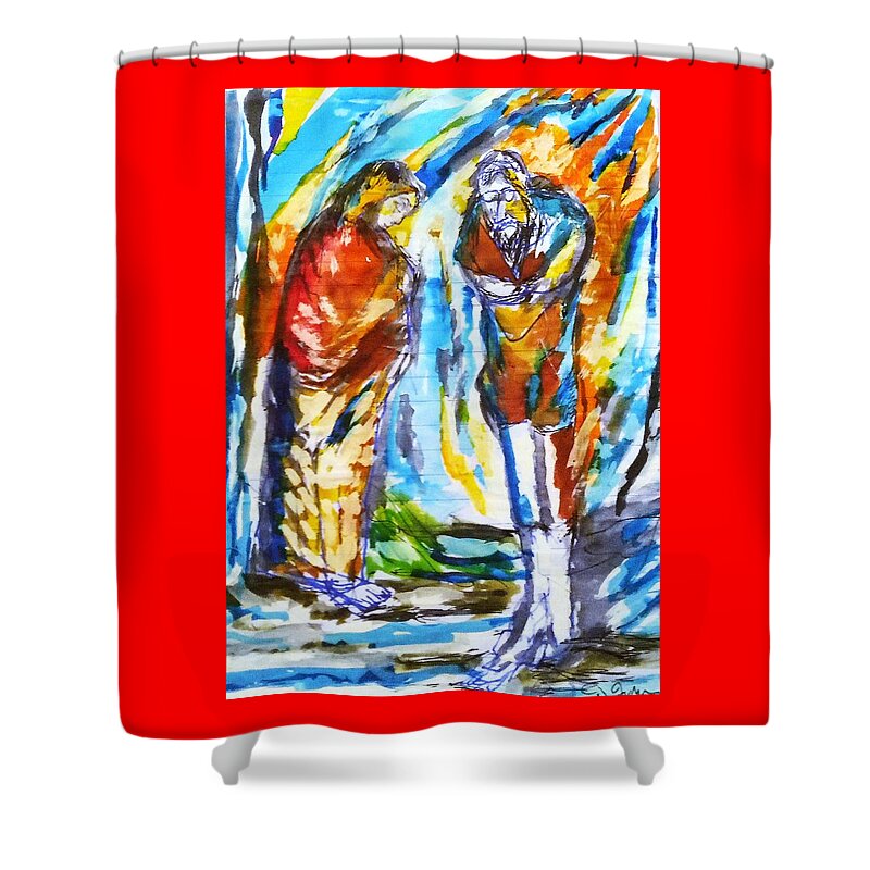 Figures Shower Curtain featuring the painting Homeless by Dawn Caravetta Fisher