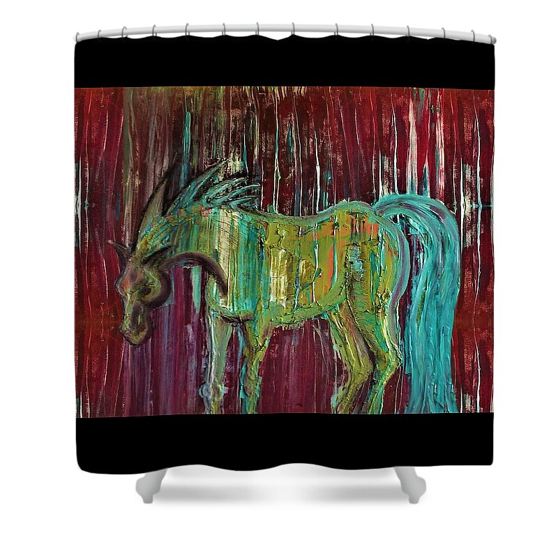 Horse Shower Curtain featuring the painting Horse in the rain by Joan Stratton