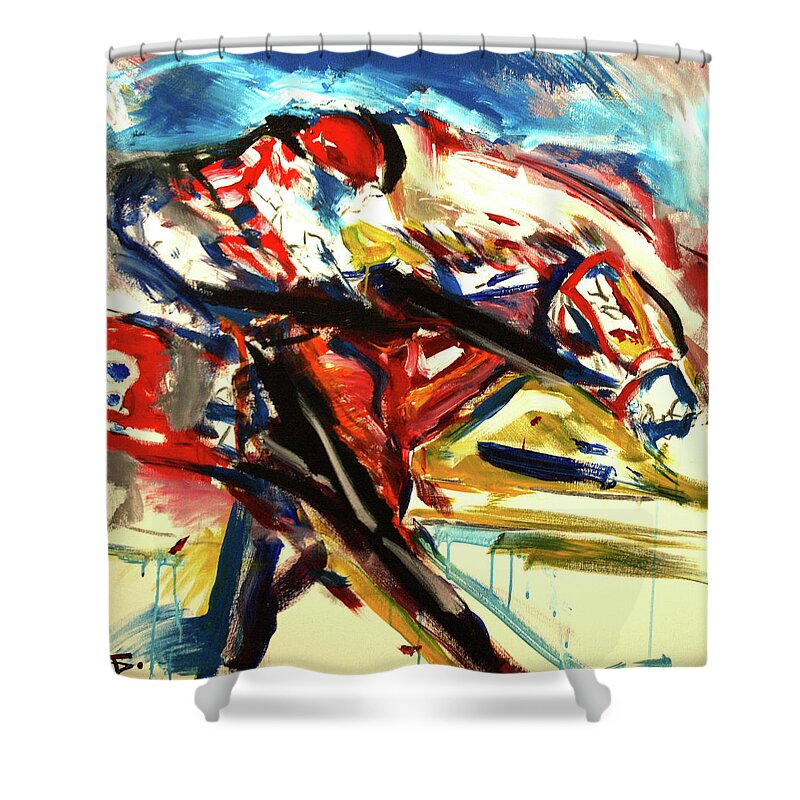Kentucky Horse Racing Shower Curtain featuring the painting Horse Number 8 by John Gholson