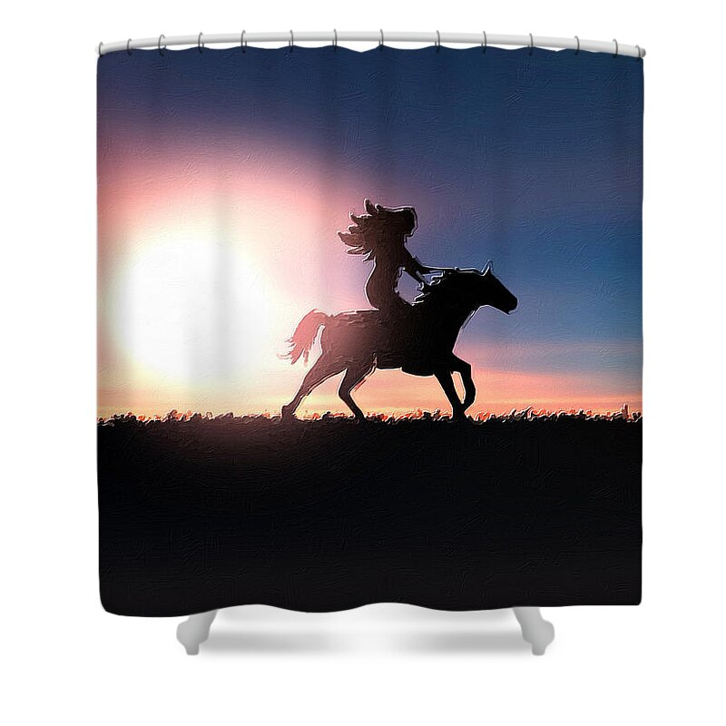 Horse Shower Curtain featuring the painting Horse Rider Sunset The West by Tony Rubino