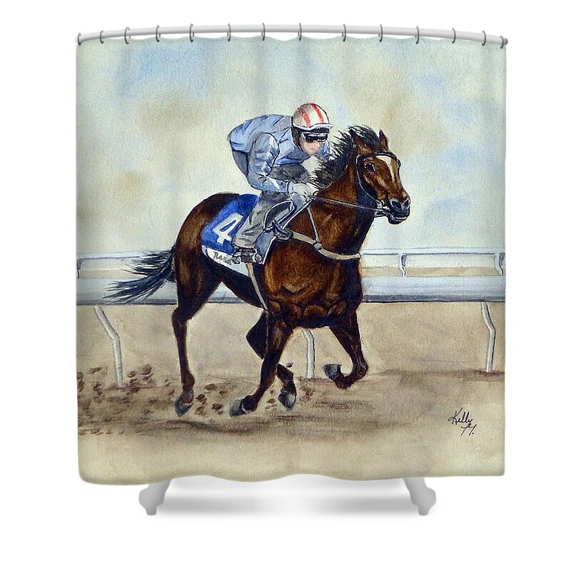 Horse Racing Shower Curtain featuring the painting Horserace by Kelly Mills