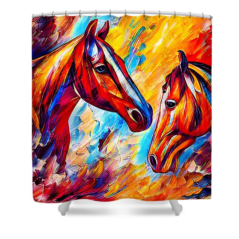 Horse Shower Curtain featuring the digital art Horses watching each other - colorful dark orange, red and cyan portrait by Nicko Prints