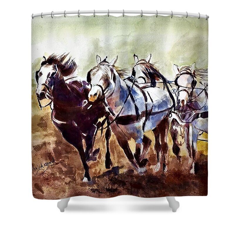 Horse Shower Curtain featuring the painting Horses without chariot by Khalid Saeed