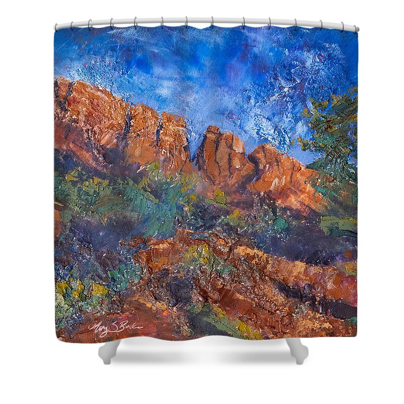 Outdoors Shower Curtain featuring the painting Horsetooth Sonata by Mary Benke