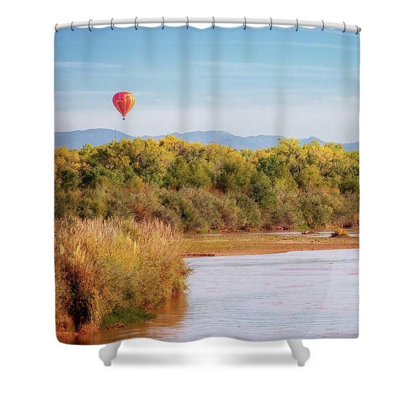 New Mexico Shower Curtain featuring the photograph Hot Air Balloon over the Rio Grande by Susan Rissi Tregoning