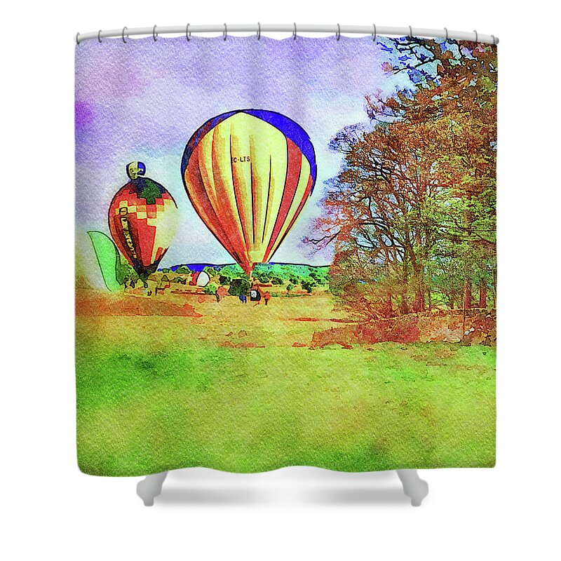Hot Air Balloons Shower Curtain featuring the mixed media Hot Air Balloons in the English Countryside Watercolor Painting by Shelli Fitzpatrick