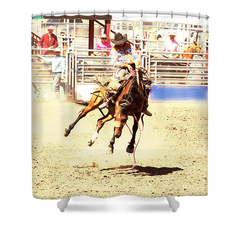 Horse Ride Shower Curtain featuring the mixed media Hot Bronc Ride by Kae Cheatham