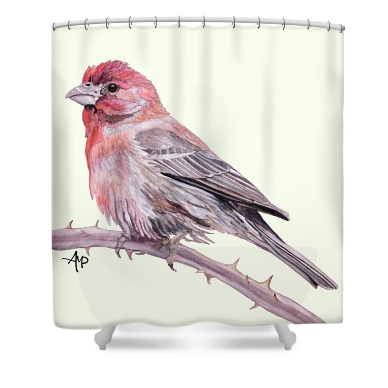 Finch Shower Curtain featuring the painting House Finch Watercolor by Angeles M Pomata