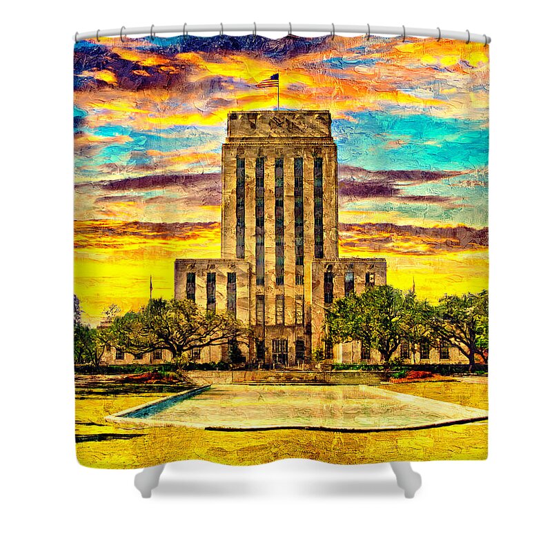 Houston City Hall Shower Curtain featuring the digital art Houston City Hall at sunset - digital painting by Nicko Prints