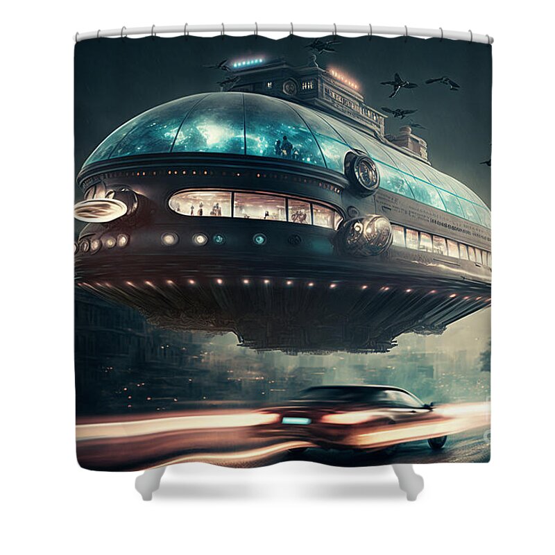 Hovering Ufo Shower Curtain featuring the mixed media Hovering UFO VIII by Jay Schankman