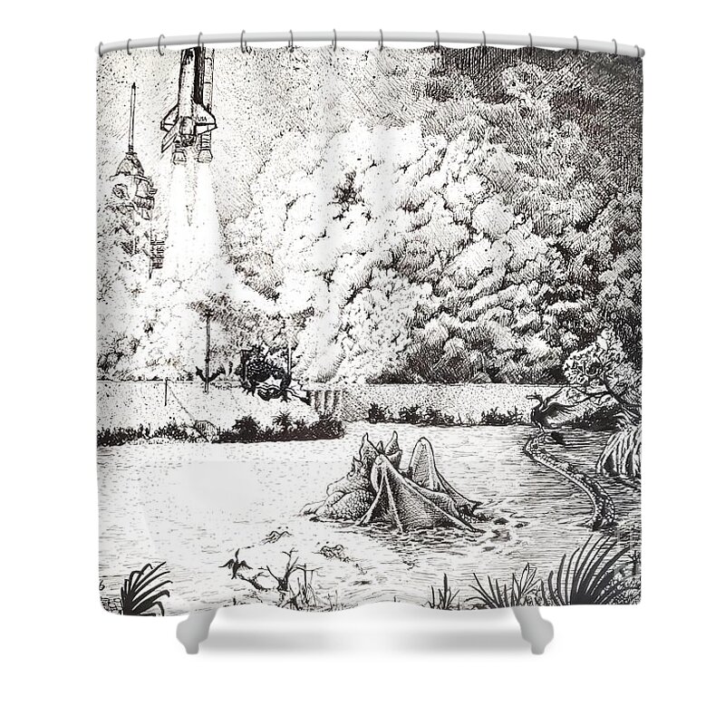 Pen Shower Curtain featuring the drawing How NASA really launches by Merana Cadorette