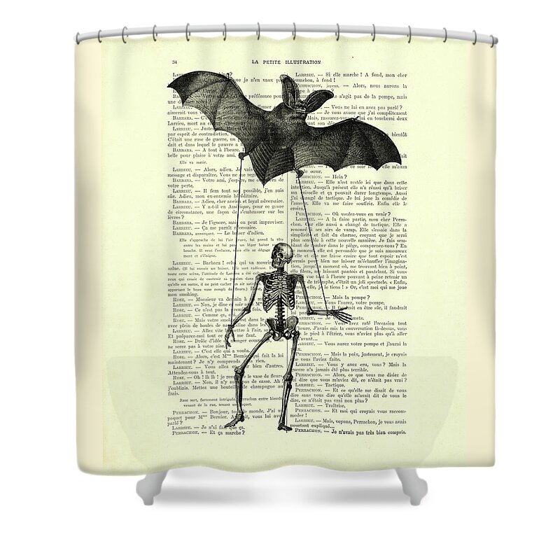 Skeleton Shower Curtain featuring the mixed media Human skeleton with giant bat art by Madame Memento