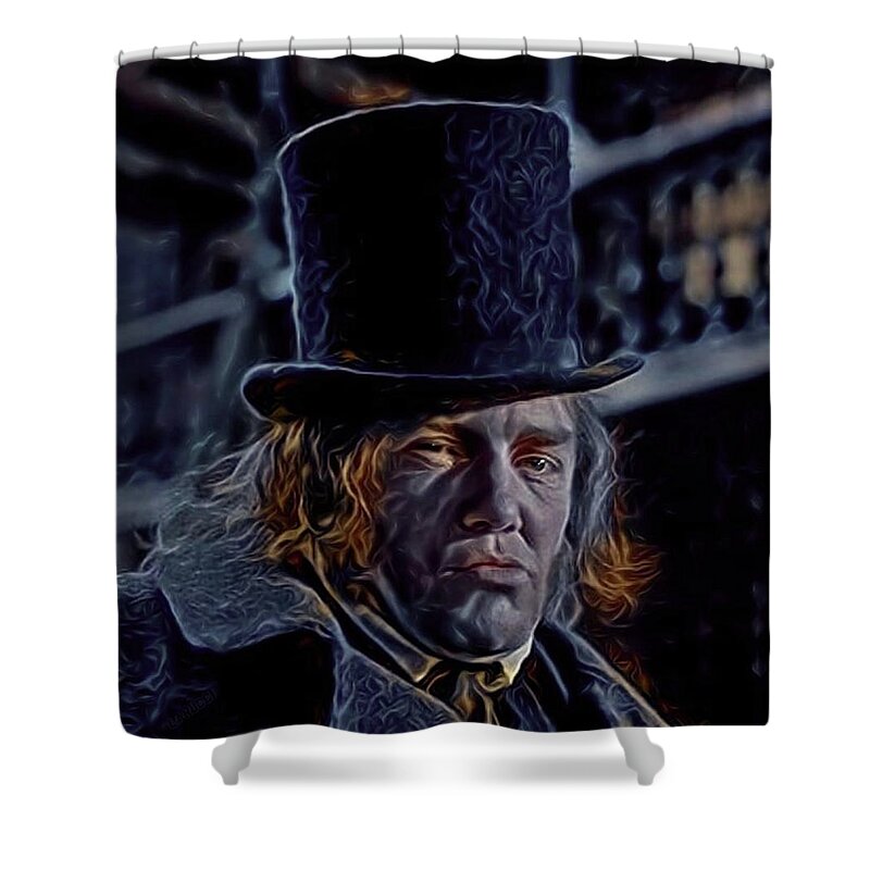 Albert Finney Shower Curtain featuring the digital art Humbug - Scrooge - Albert Finney by Fred Larucci