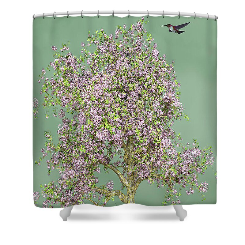 Hummingbird Shower Curtain featuring the mixed media Hummingbird At The Flowering Tree by David Dehner
