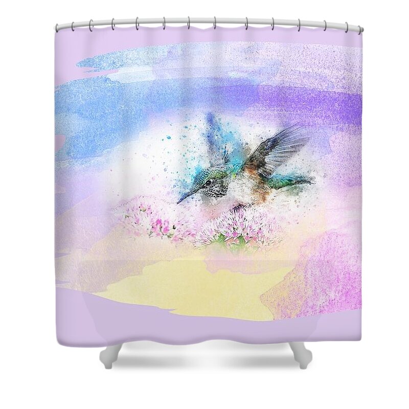 Hummingbird Shower Curtain featuring the mixed media Hummingbird in Clouds Abstract by Nancy Ayanna Wyatt