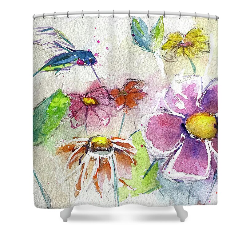 Watercolor Shower Curtain featuring the painting Hummingbird in the Garden by Roxy Rich