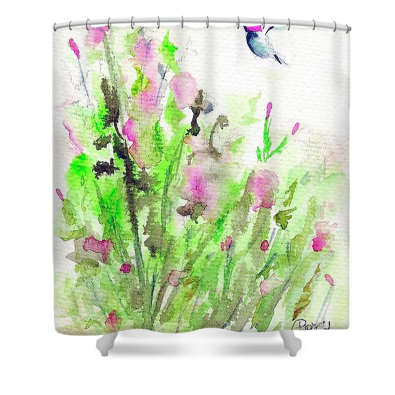 Hummingbird Shower Curtain featuring the painting Hummingbird in the Red Salvia by Roxy Rich