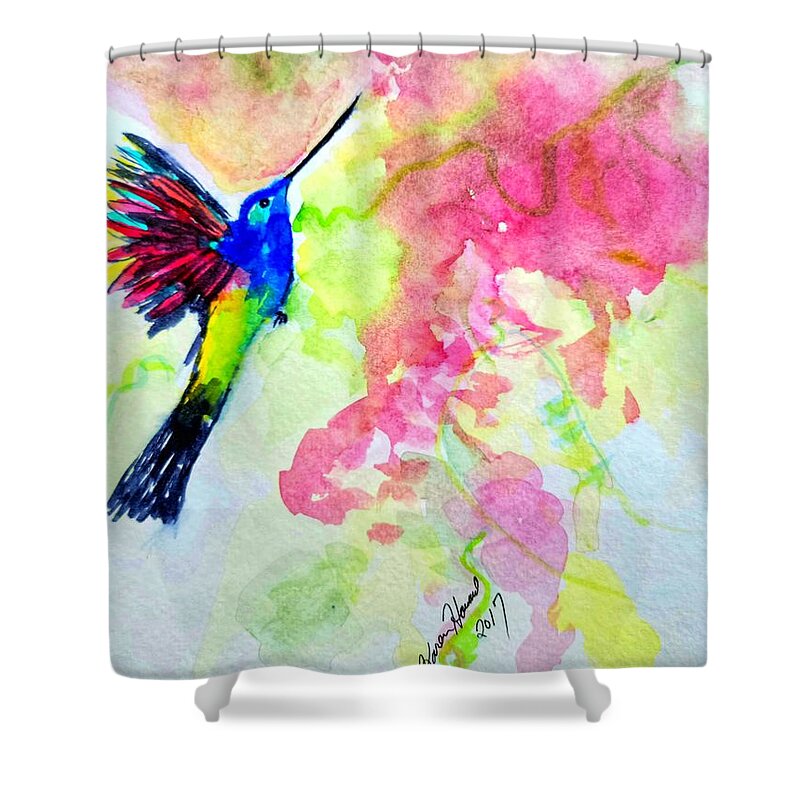 Hummer Shower Curtain featuring the painting Hummingbird In The Trees by Shady Lane Studios-Karen Howard