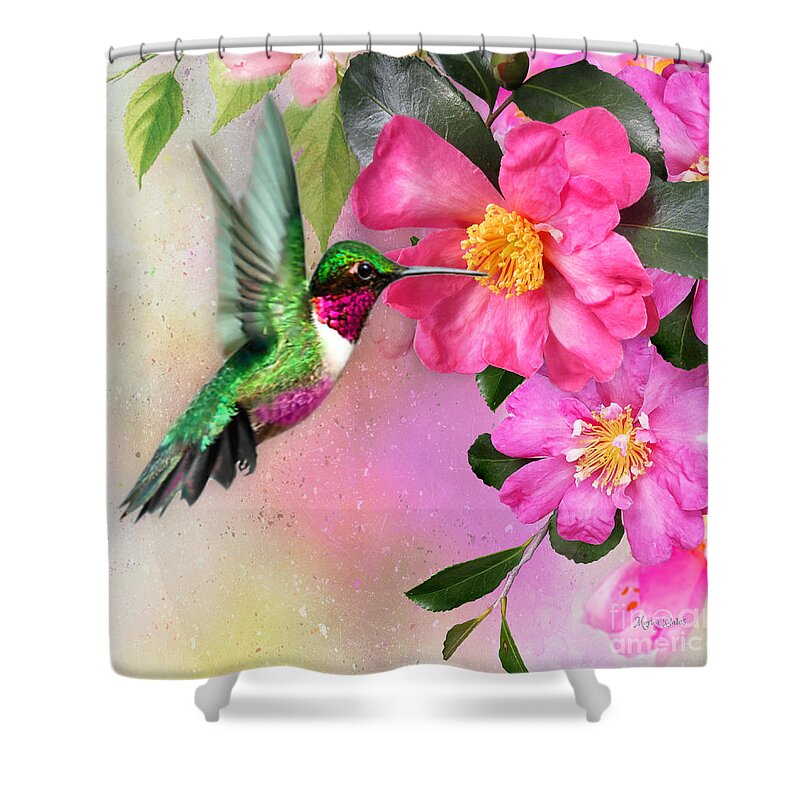 Hummingbird On Flower Shower Curtain featuring the mixed media Hummingbird on Pink Hibiscus by Morag Bates