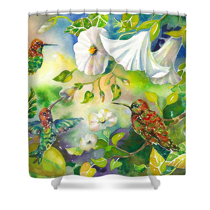 Hummingbirds Shower Curtain featuring the painting Hummingbirds and Morning Glories by Ann Nicholson