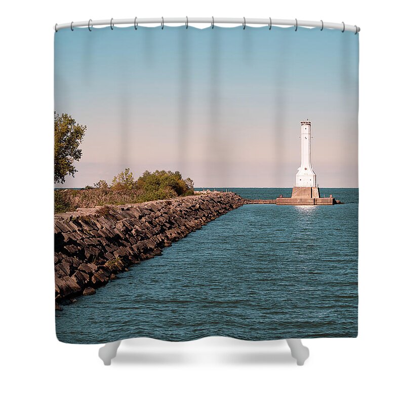 Huron Harbor Lighthouse Shower Curtain featuring the photograph Huron Harbor Lighthouse Blue Hour by Marianne Campolongo
