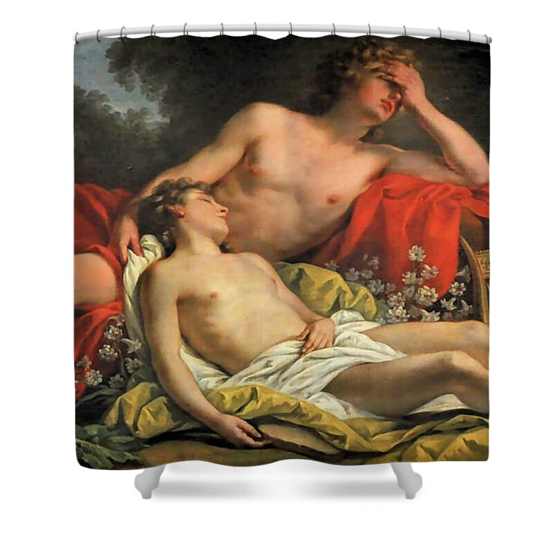 Nicolas Rene Jollain Shower Curtain featuring the painting Hyacinth Changed into a Flower by Nicolas Rene Jollain the Younger