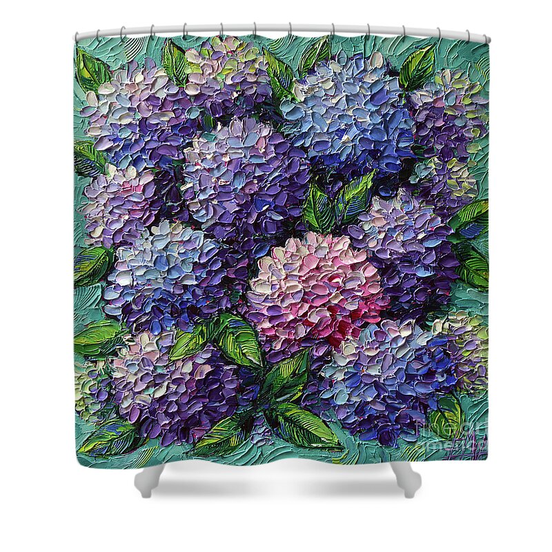 Hydrangeas Shower Curtain featuring the painting HYDRANGEAS FOR ELIZABETH commissioned palette knife oil painting by Mona Edulesco