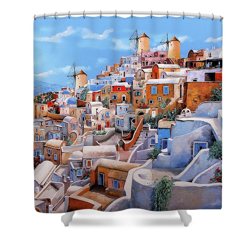 Greece Shower Curtain featuring the painting I colori di santorini  by Guido Borelli
