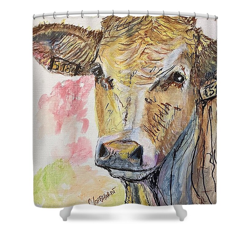 Portrait Shower Curtain featuring the painting I do not run with stinky Pamplona Bulls by Chuck Gebhardt