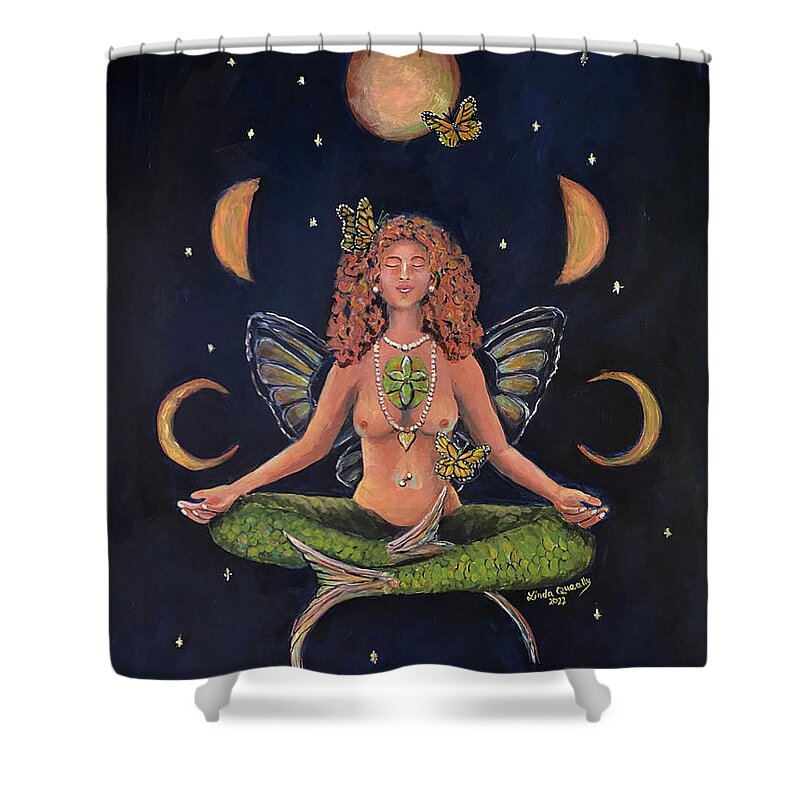 Heart Chakra Shower Curtain featuring the painting I Face My Shadows With an Open Heart by Linda Queally