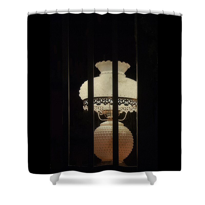 Lamp Shower Curtain featuring the mixed media I Leave a Light On by Moira Law